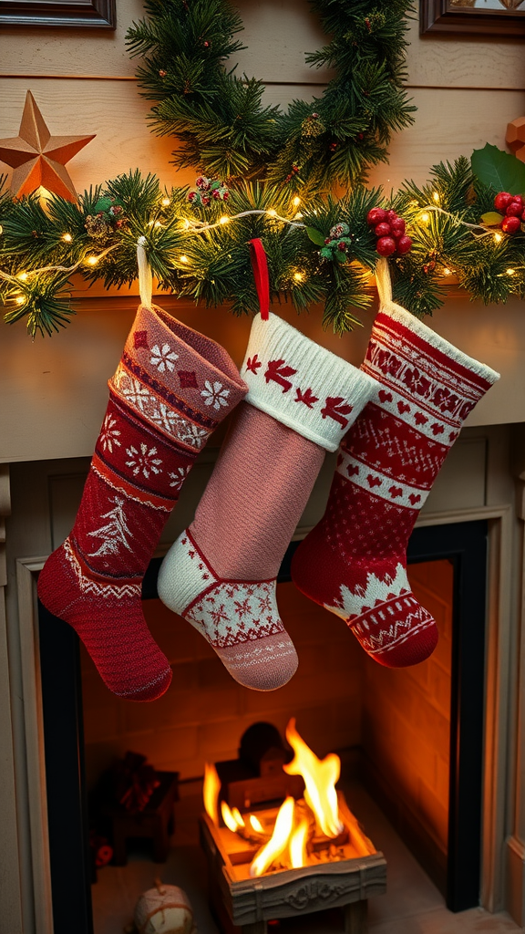 Three colorful knit stockings hanging by a fireplace with a warm fire and festive decor