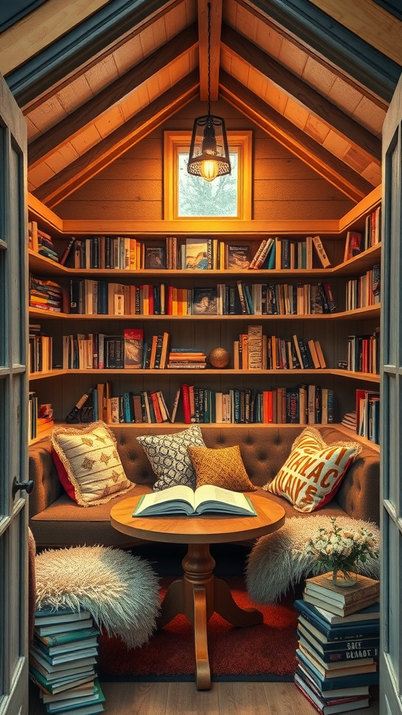 A cozy reading nook featuring plush seating, bookshelves filled with books, and warm lighting.