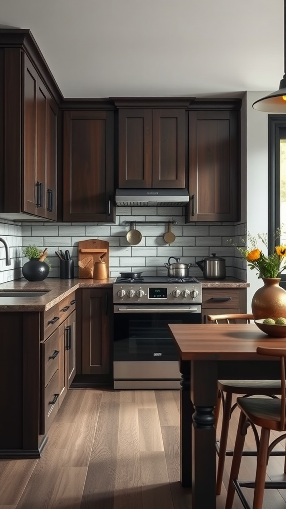 A modern kitchen with dark wood cabinets and a wooden dining table.