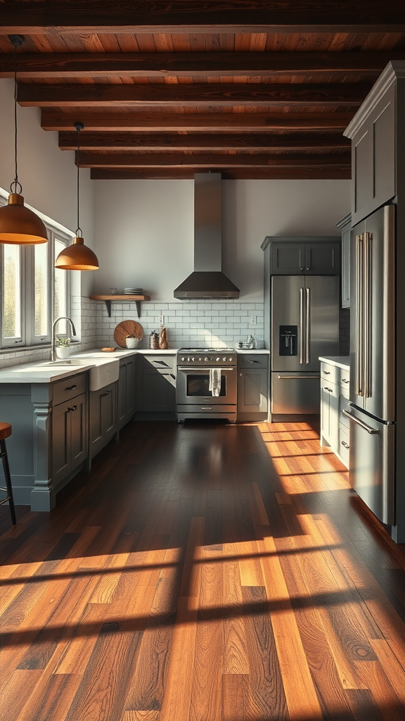 A modern kitchen featuring dark wood flooring, gray cabinets, and warm lighting.