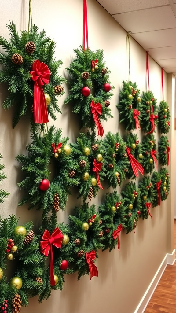 A wall decorated with multiple festive wreaths featuring red bows, ornaments, and pinecones.