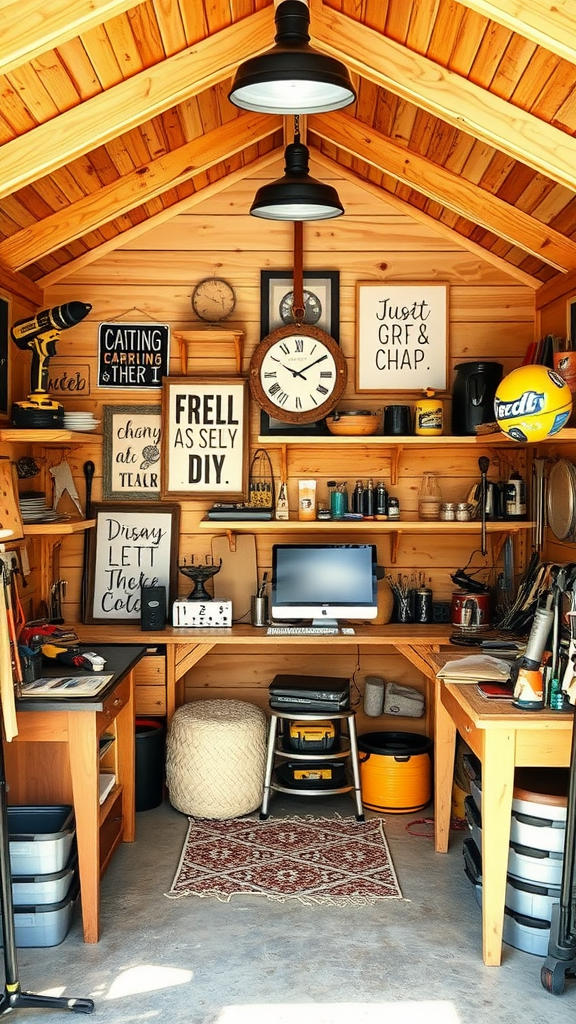 Cozy DIY workshop with wooden interior, organized tools, and creative decor