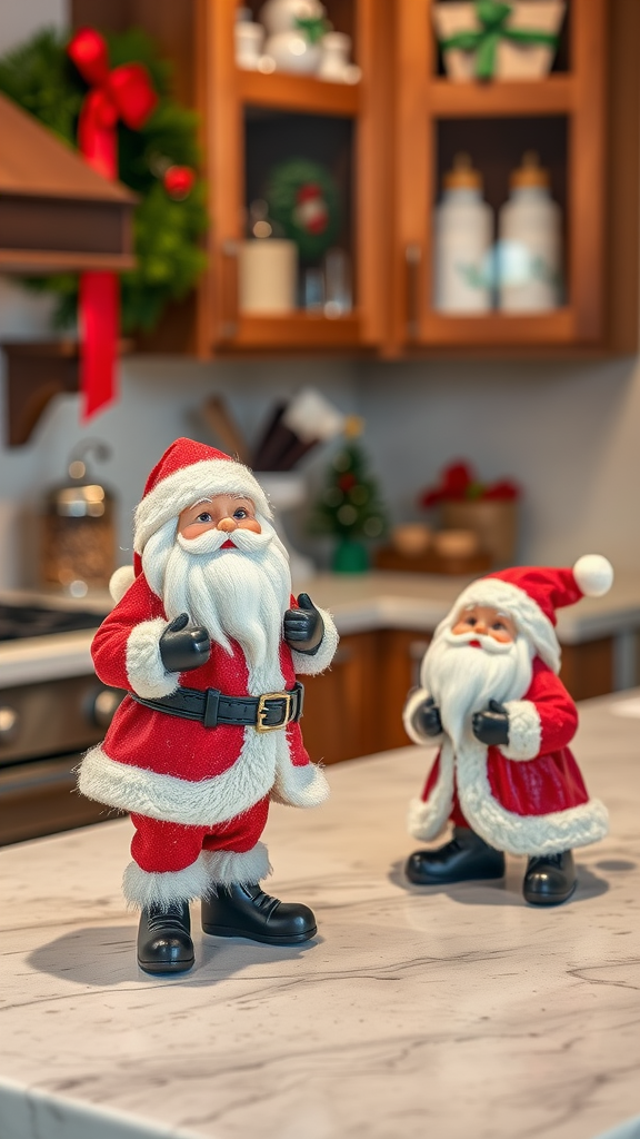 Two cute Santa figurines on a kitchen countertop surrounded by Christmas decorations.