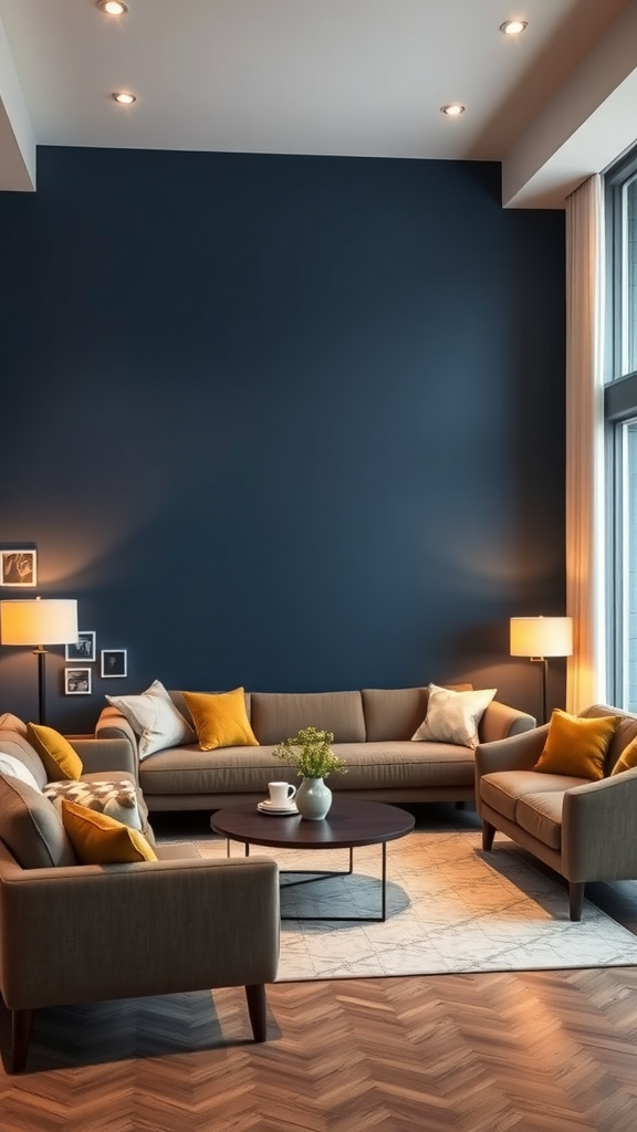 Cozy living room with a dark blue accent wall, beige sofas, and yellow cushions