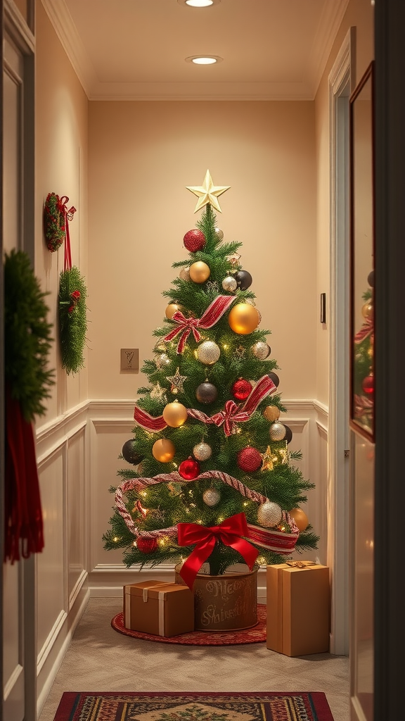 A decorated Christmas tree in a hallway with gifts and wreaths, creating a festive atmosphere.