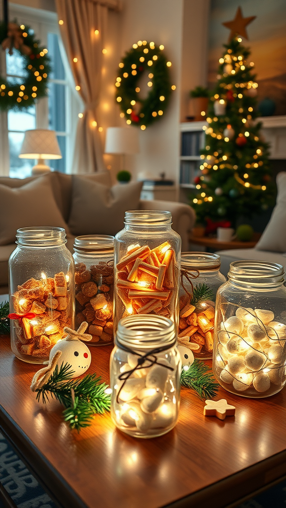A cozy holiday setting with illuminated jars filled with treats on a coffee table, surrounded by festive decorations.