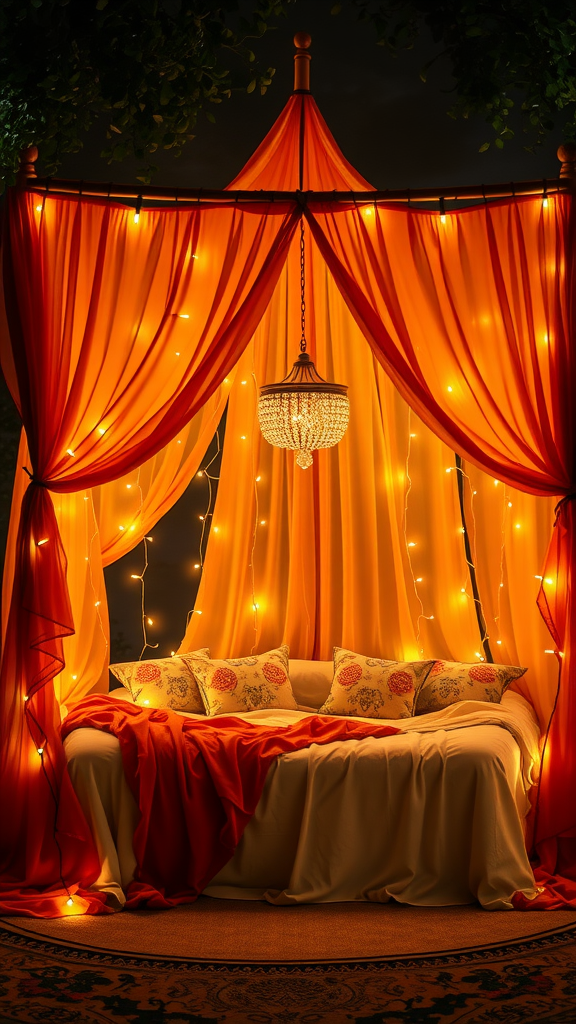 Canopy bed with orange drapes and soft pillows, decorated with fairy lights.