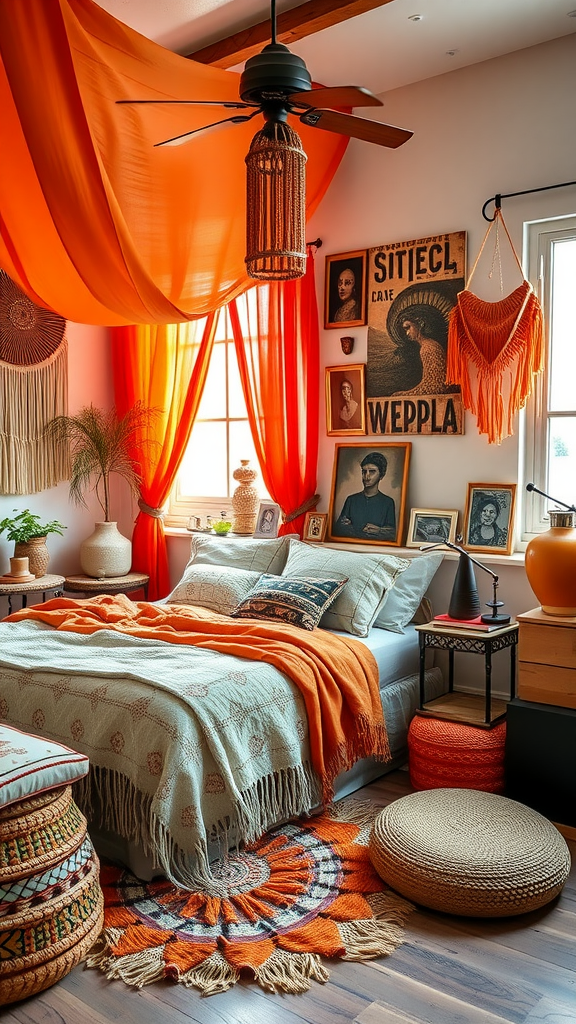A boho bedroom featuring orange decor, cozy bedding, and eclectic accessories.