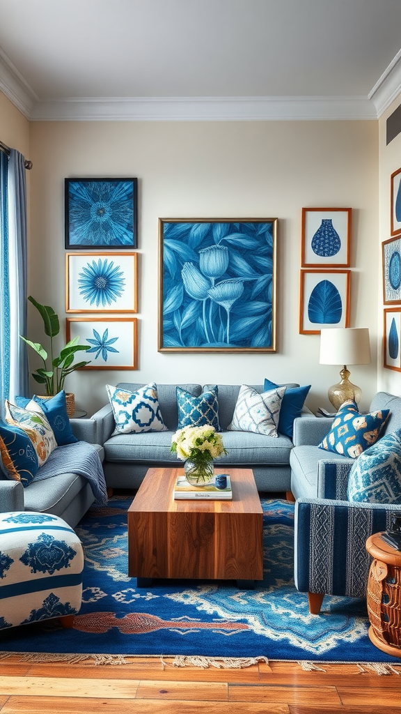 A cozy blue living room with eclectic patterns and textures, featuring blue artwork, decorative pillows, and a wooden coffee table.