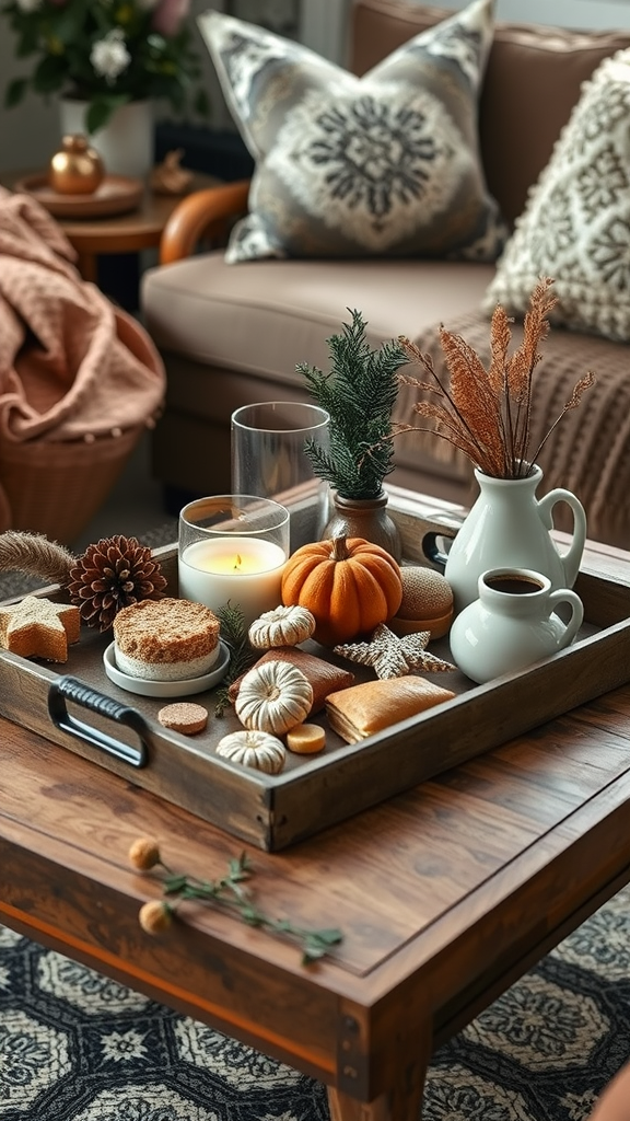 A cozy serving tray display featuring pumpkins, baked goods, a candle, and decorative elements on a coffee table.