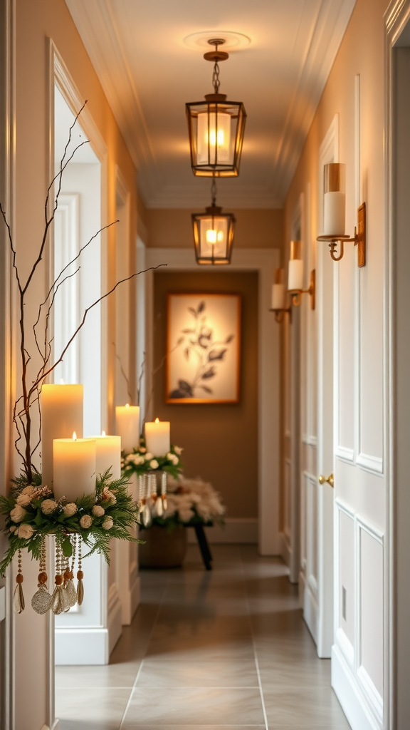 A beautifully decorated hallway featuring tall candles in floral arrangements and elegant lighting.