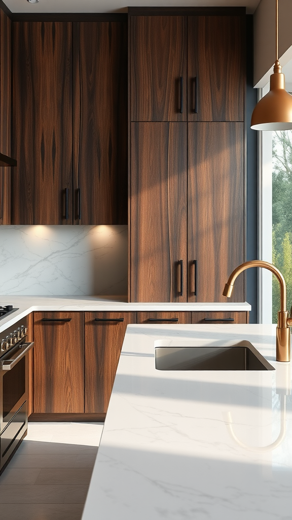 A stylish kitchen with dark wood cabinets and a light countertop.