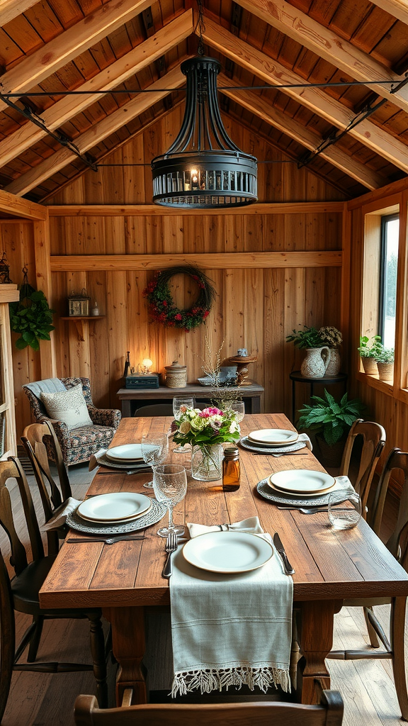 A cozy dining area with a rustic wooden table, elegant place settings, and warm lighting.