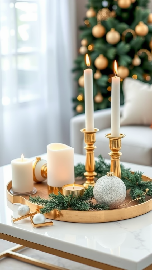 A beautifully arranged Christmas coffee table decor with gold and white elements, featuring candles, ornaments, and greenery.