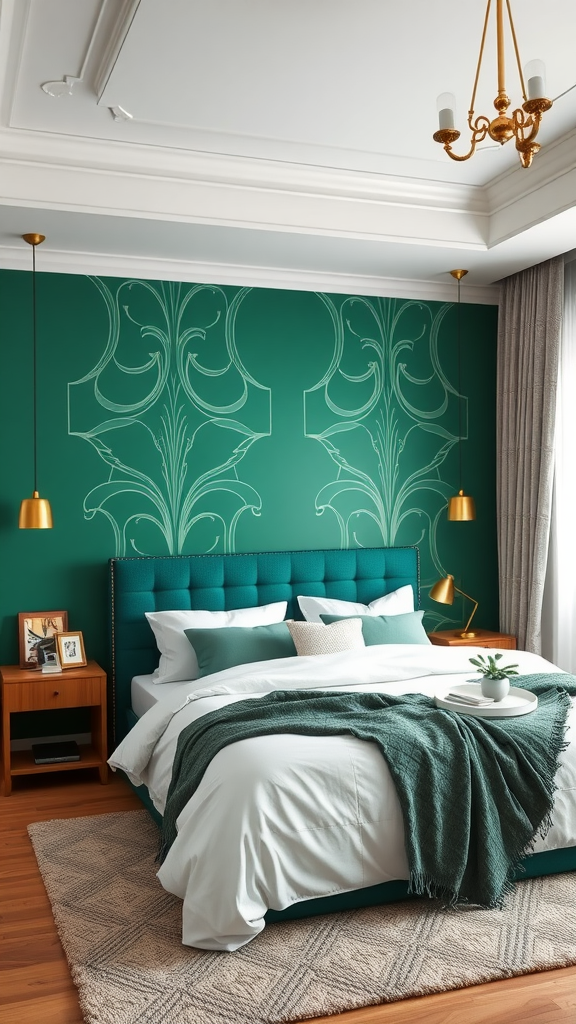 A beautifully styled art deco bedroom featuring an emerald green accent wall with intricate designs, a teal headboard, and cozy bedding.