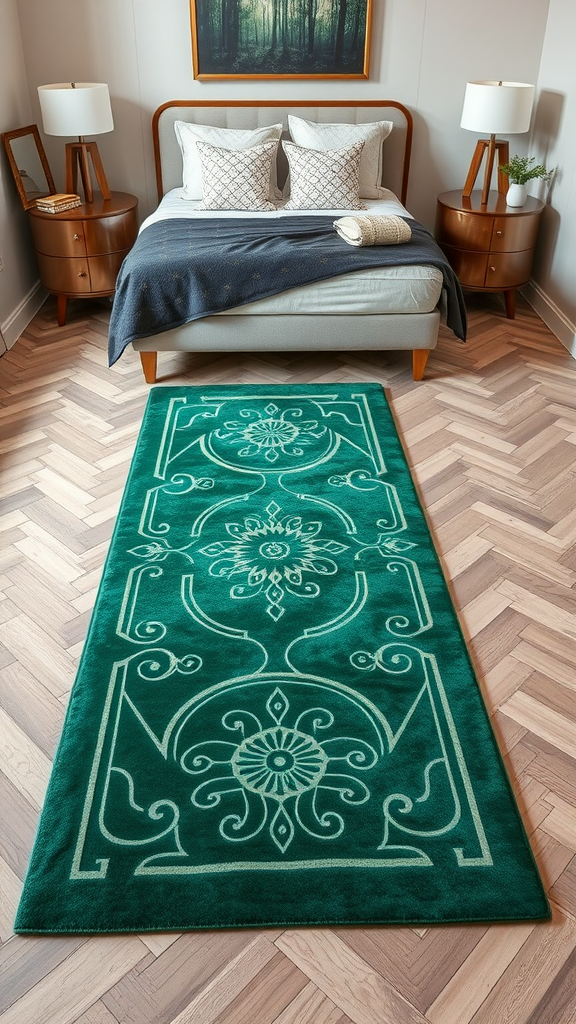Emerald green area rug in an art deco bedroom with a bed and bedside tables.