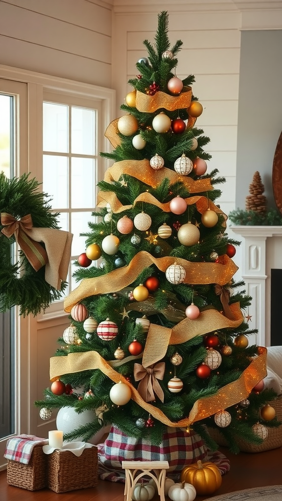 A beautifully decorated farmhouse-style Christmas tree with ornaments and ribbons in a cozy interior setting.