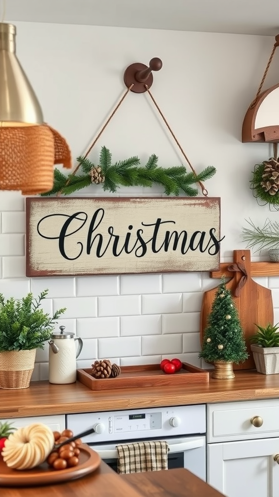 A beautifully decorated kitchen showcasing farmhouse style Christmas signage with a rustic 'Christmas' sign and festive decor.