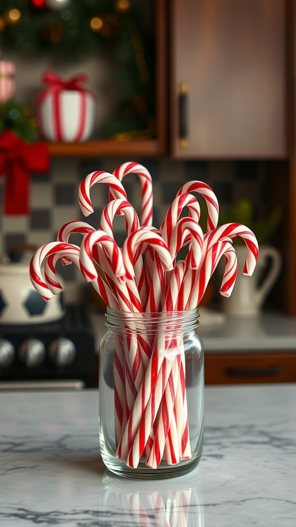 A glass jar filled with red and white striped candy canes on a marble countertop in a cozy kitchen setting.