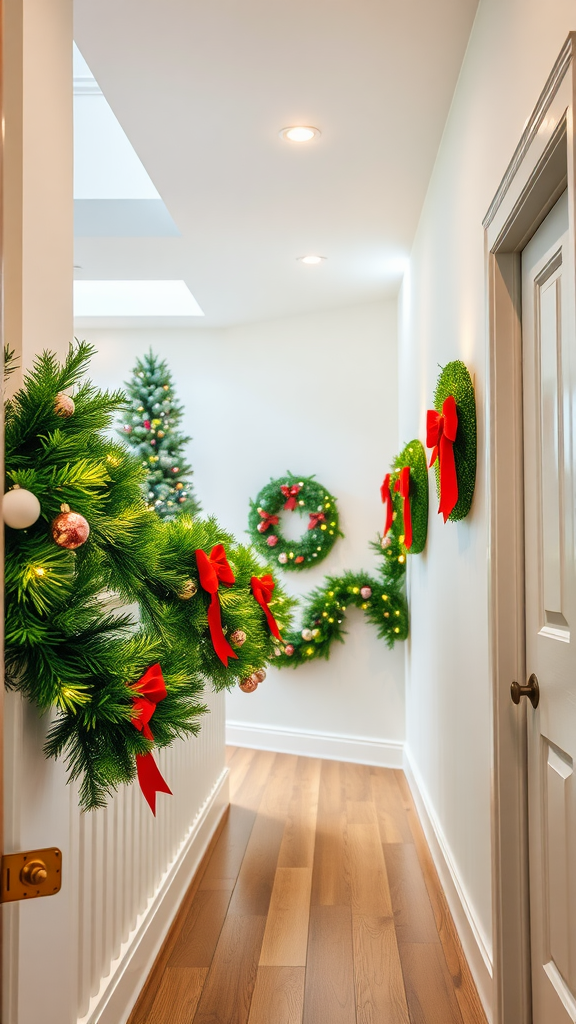 A beautifully decorated hallway with garlands and wreaths for Christmas.