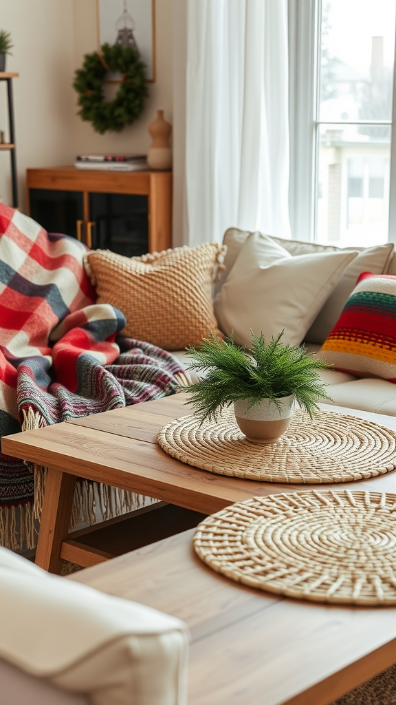Cozy living room with a plaid blanket on the sofa and a stylish coffee table featuring woven placemats and a potted plant.