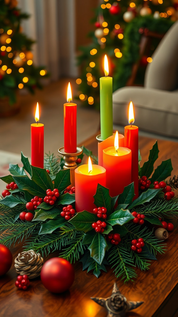 A cozy Christmas coffee table decor featuring red and green candles, surrounded by festive greenery and berries.