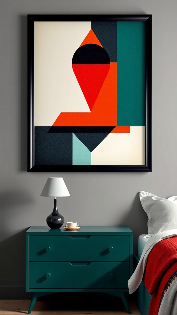 Geometric Art Deco wall art in a stylish bedroom setting