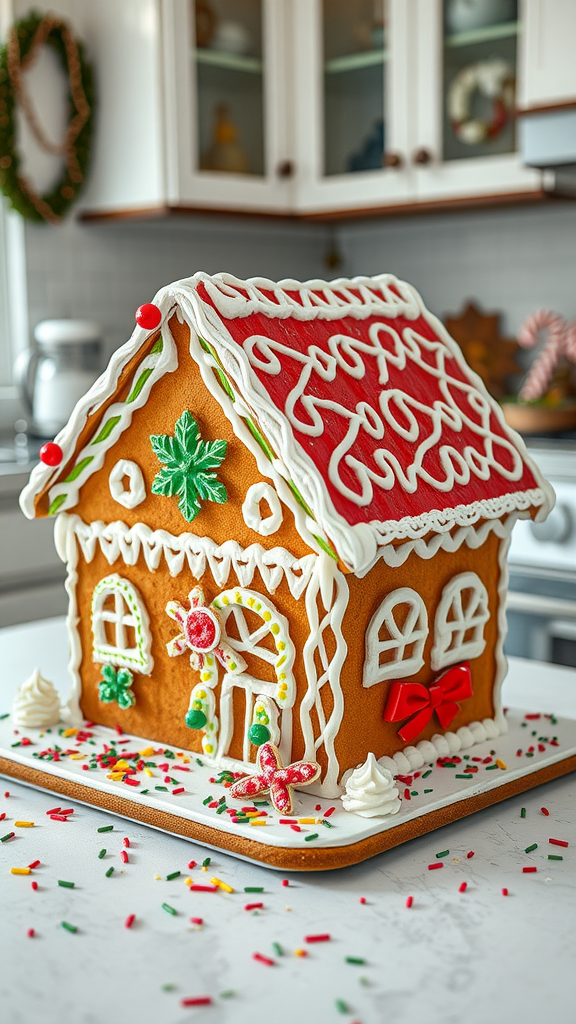 A beautifully decorated gingerbread house with colorful icing and candy decorations.