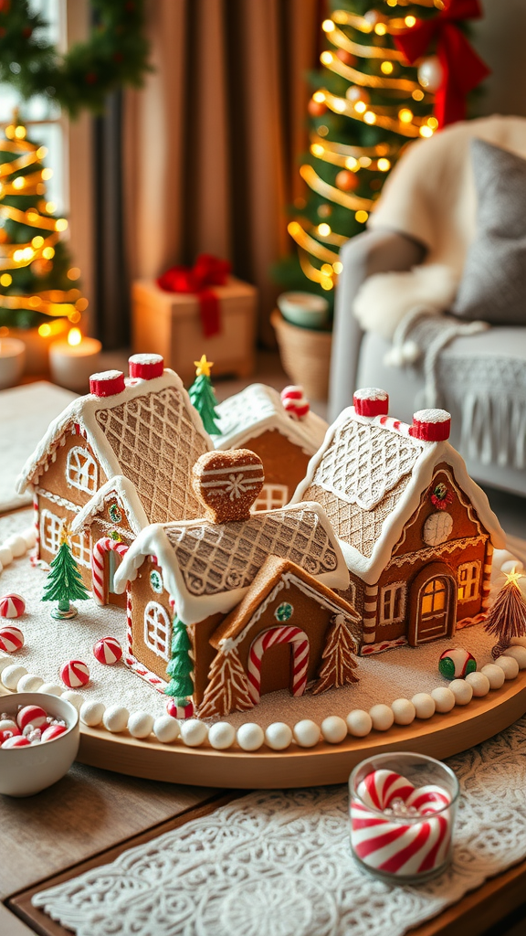 A beautifully arranged gingerbread village featuring decorated houses, candy canes, and Christmas trees, set on a cozy coffee table.