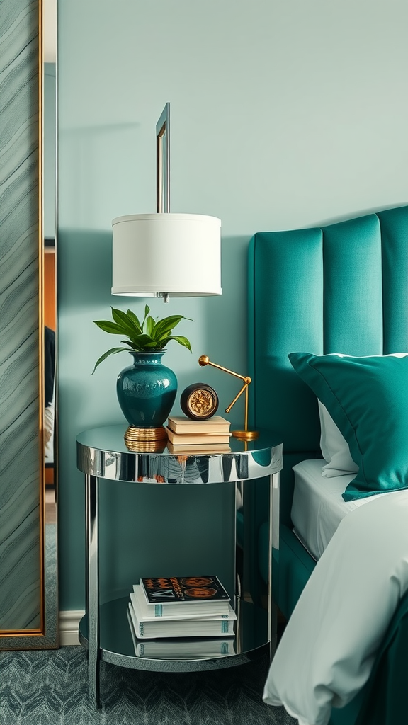 Stylish corner of an art deco bedroom with chrome bedside table, plant, and emerald decor.
