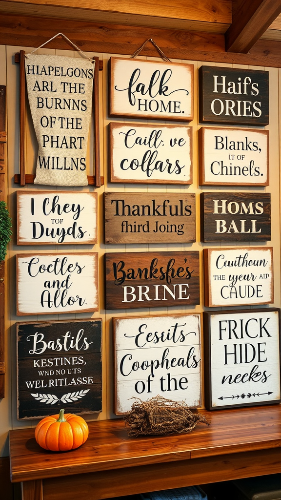 A collection of handcrafted wooden signs with various holiday quotes and sayings.