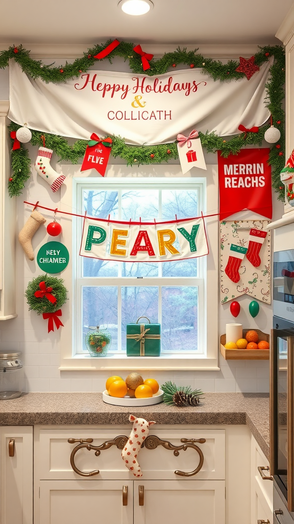 A festive kitchen decorated with holiday banners and ornaments, showcasing a cheerful atmosphere.