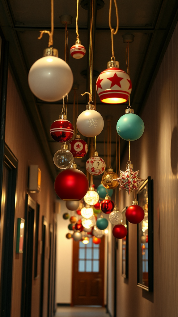 A hallway decorated with hanging Christmas ornaments in various colors and designs.