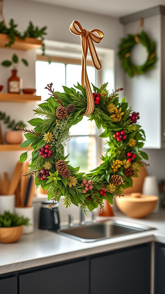 A colorful herb and spice wreath hanging in a cozy kitchen, surrounded by kitchen decor.