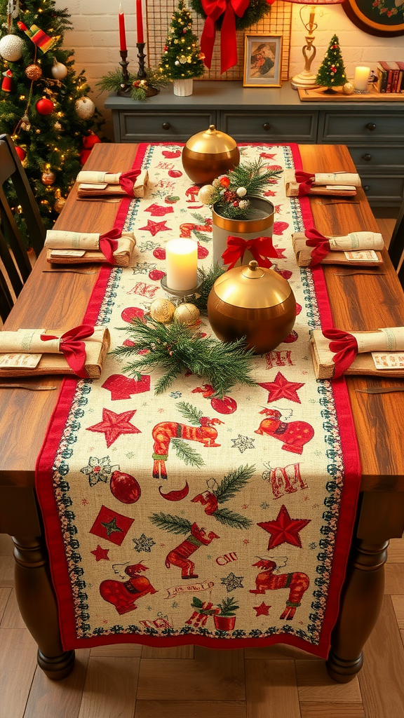 A beautifully set dining table with a holiday-themed table runner featuring festive designs, surrounded by candles and seasonal decorations.