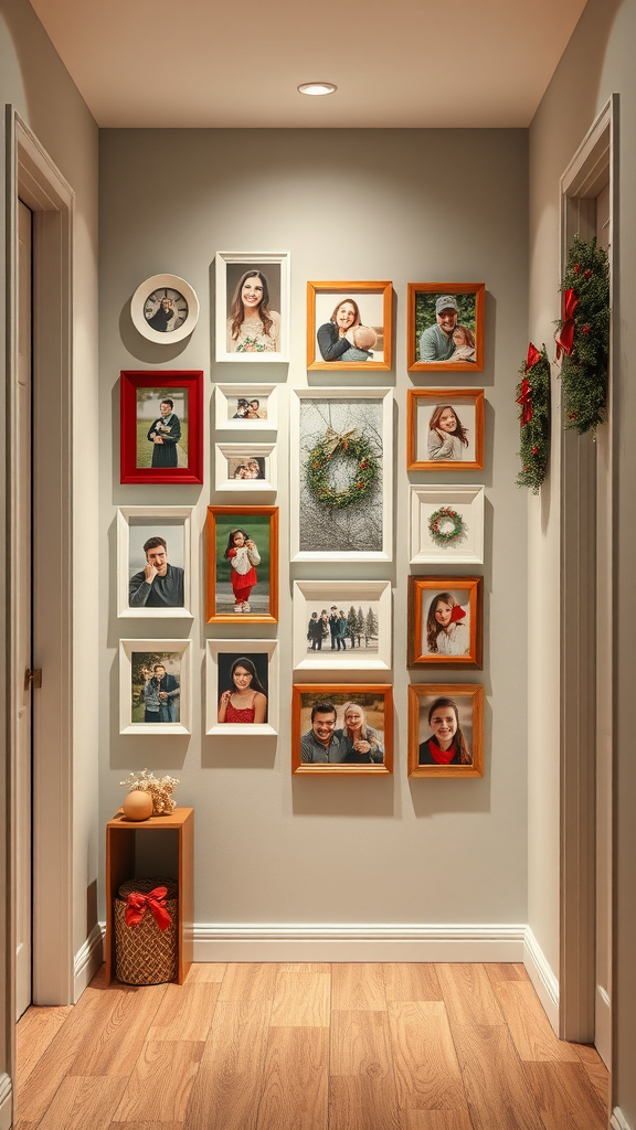 A hallway decorated with family photos and holiday accents.