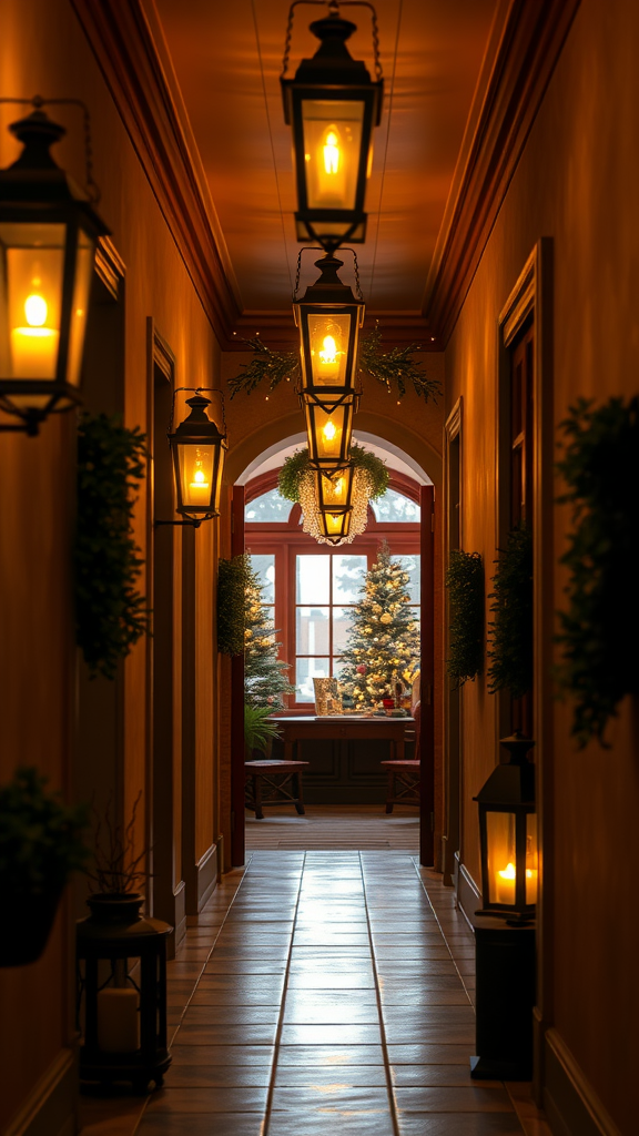 A hallway beautifully decorated with lanterns and a Christmas tree at the end.