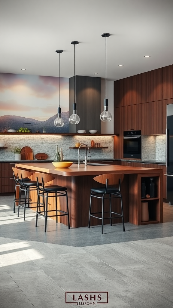 A modern kitchen featuring a dark wood island with bar stools and stylish pendant lighting.