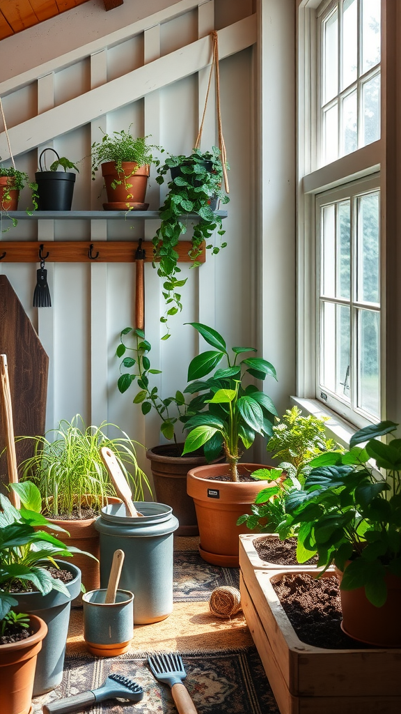 Indoor gardening space with various plants and natural light