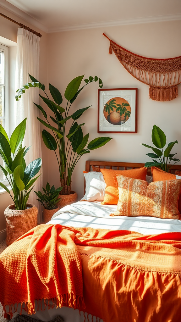 A boho bedroom featuring orange decor with indoor plants, a bed adorned with orange blankets and pillows, and natural light coming through the window.