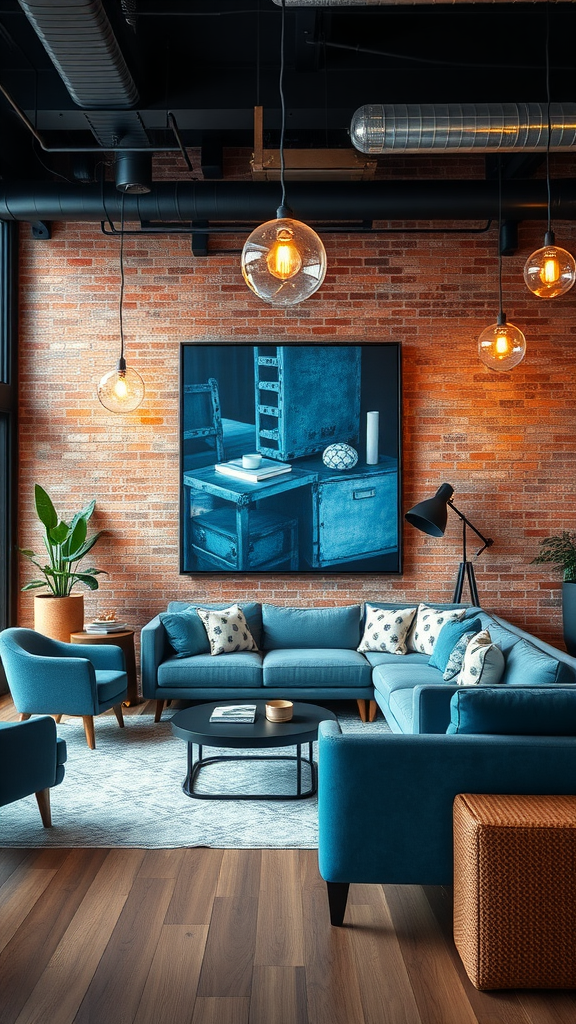 A stylish living room featuring blue furniture, a brick wall, and modern lighting.