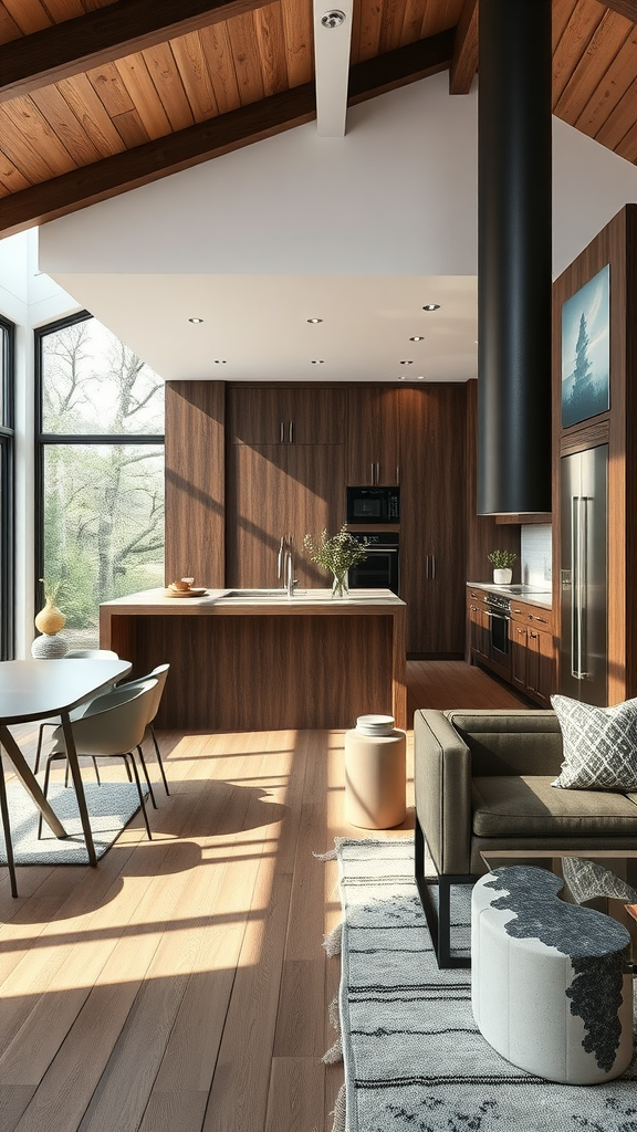 A modern open-concept kitchen featuring dark wood cabinets and a sleek dining area with natural light.