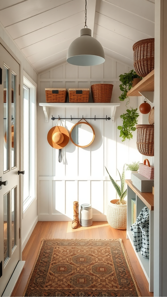 Bright and inviting entryway with functional storage, featuring baskets, mirrors, and warm wood tones.