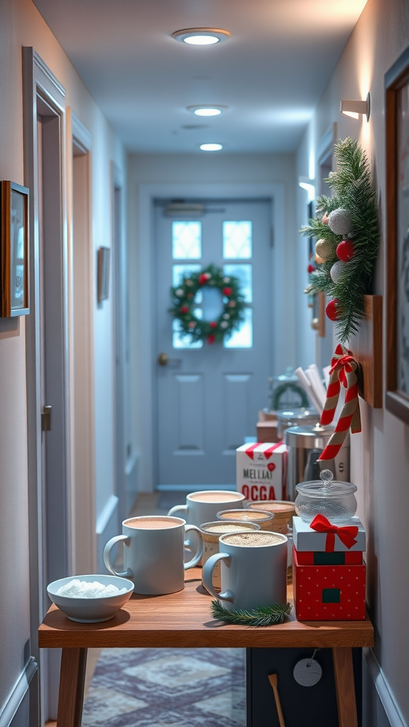 A cozy hallway decorated for Christmas with a hot cocoa station, featuring mugs, toppings, and festive decorations.