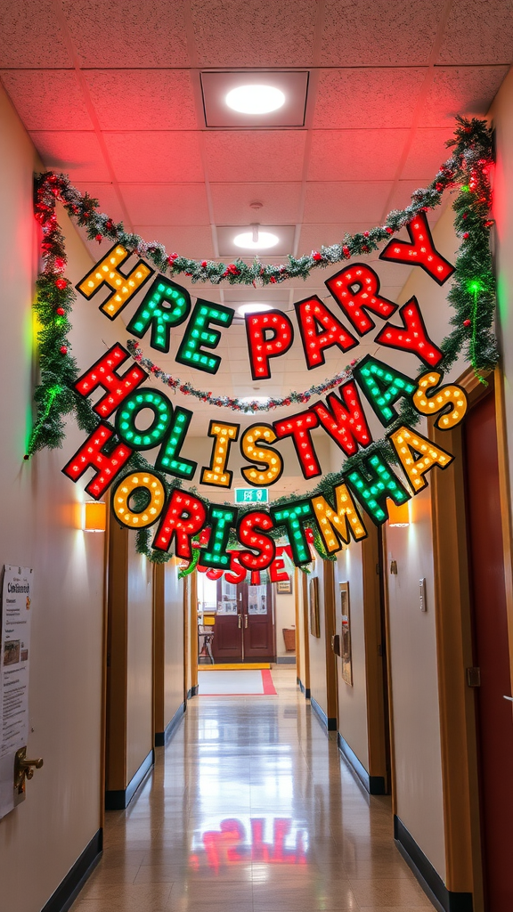 A colorful Christmas banner hanging in a hallway, decorated with garland and lights