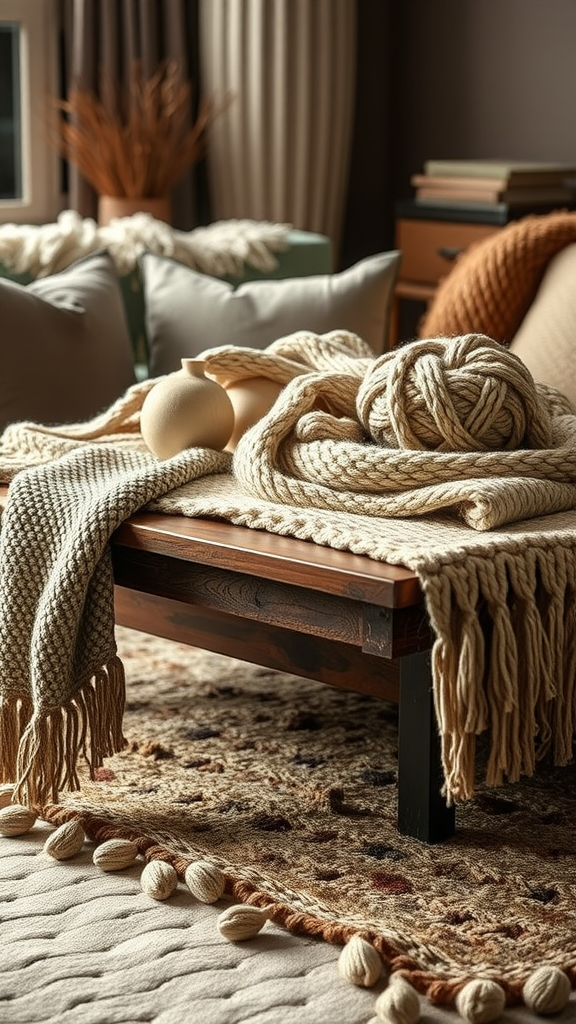 A cozy holiday setup with layered textures on a coffee table, featuring knitted materials and decorative elements.