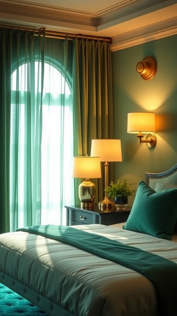 A beautifully styled emerald art deco bedroom showcasing layered lighting effects.