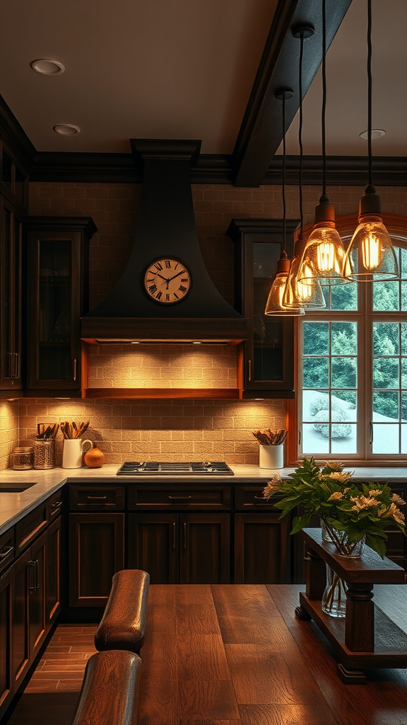 A cozy dark wood kitchen with warm lighting and a view outside.
