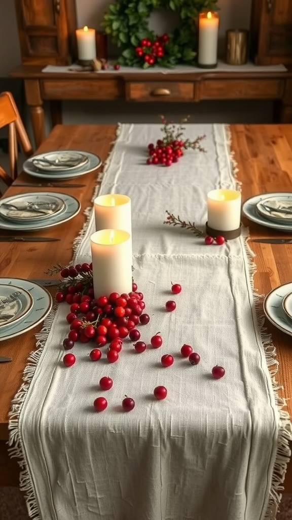 Styled dining table with a linen table runner, candles, and seasonal decorations.