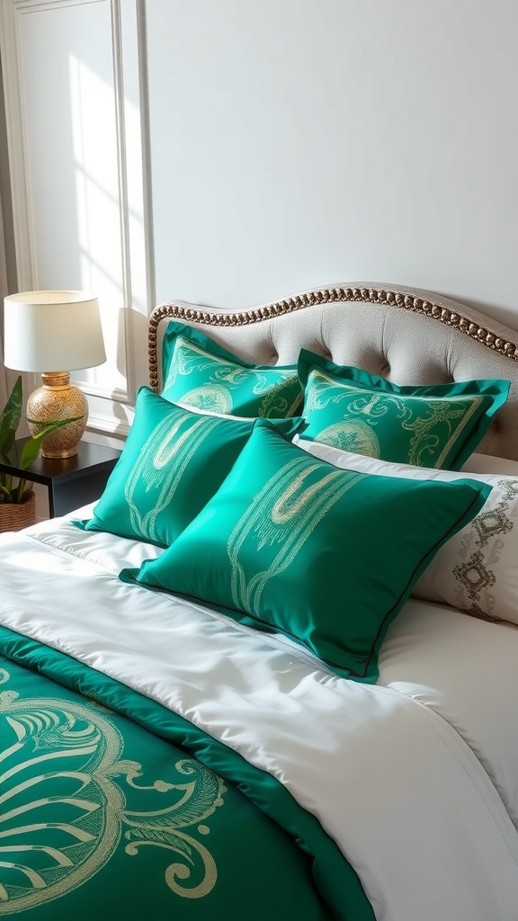 Luxurious emerald green bedding with decorative pillows in an art deco style bedroom.